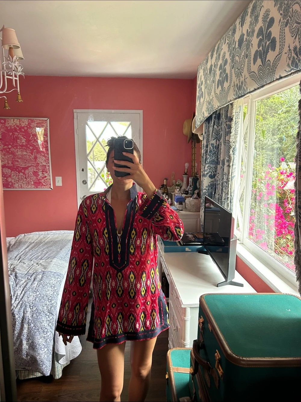 Red Boho Ikat Tunic Top with Navy Trim